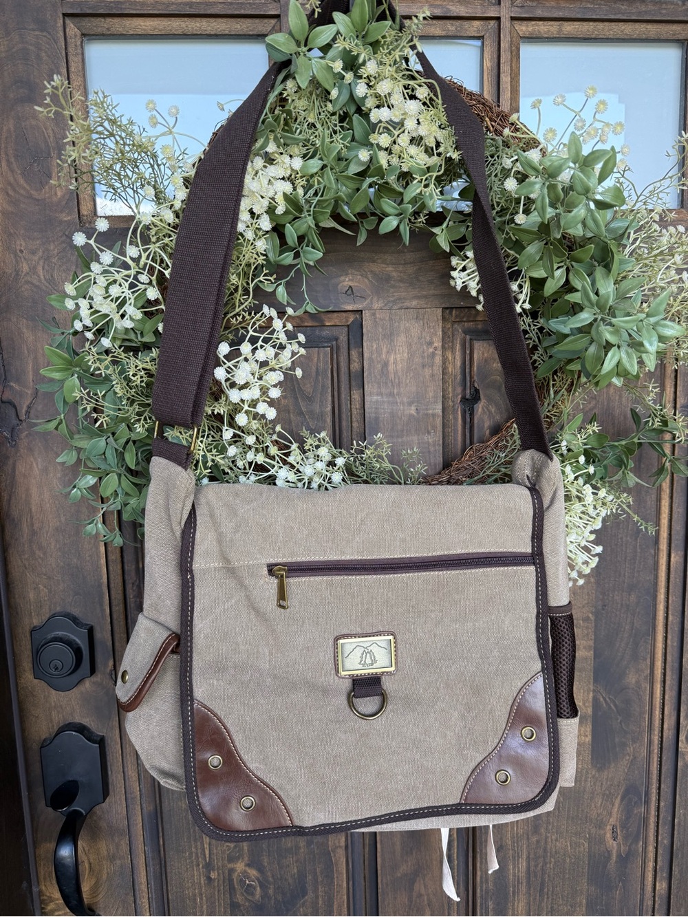 Mountain Canvas Messenger Bag - Taupe with Brown Trim